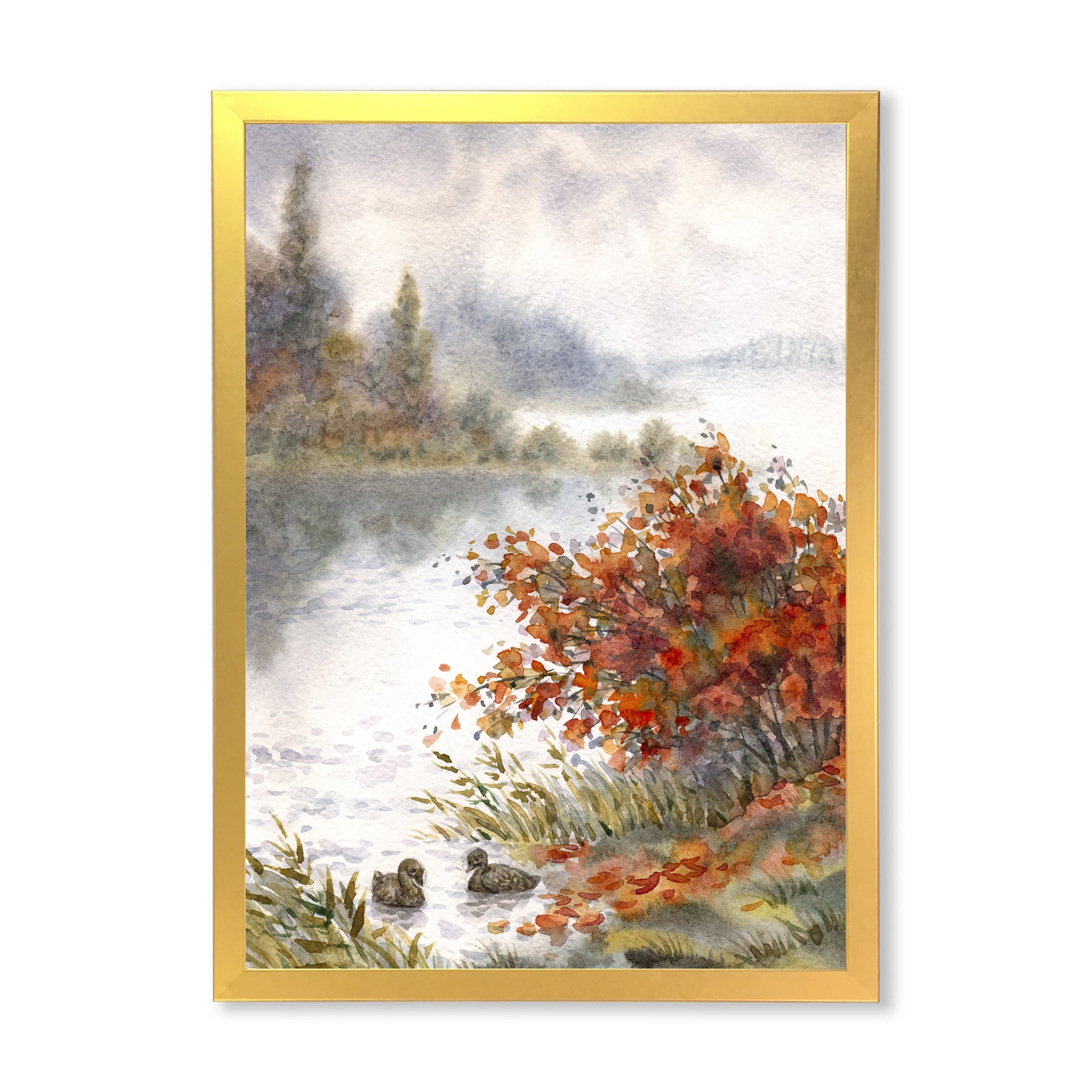 Designart 'View Of The Lake In Autumn Colored' Traditional Framed Art Print