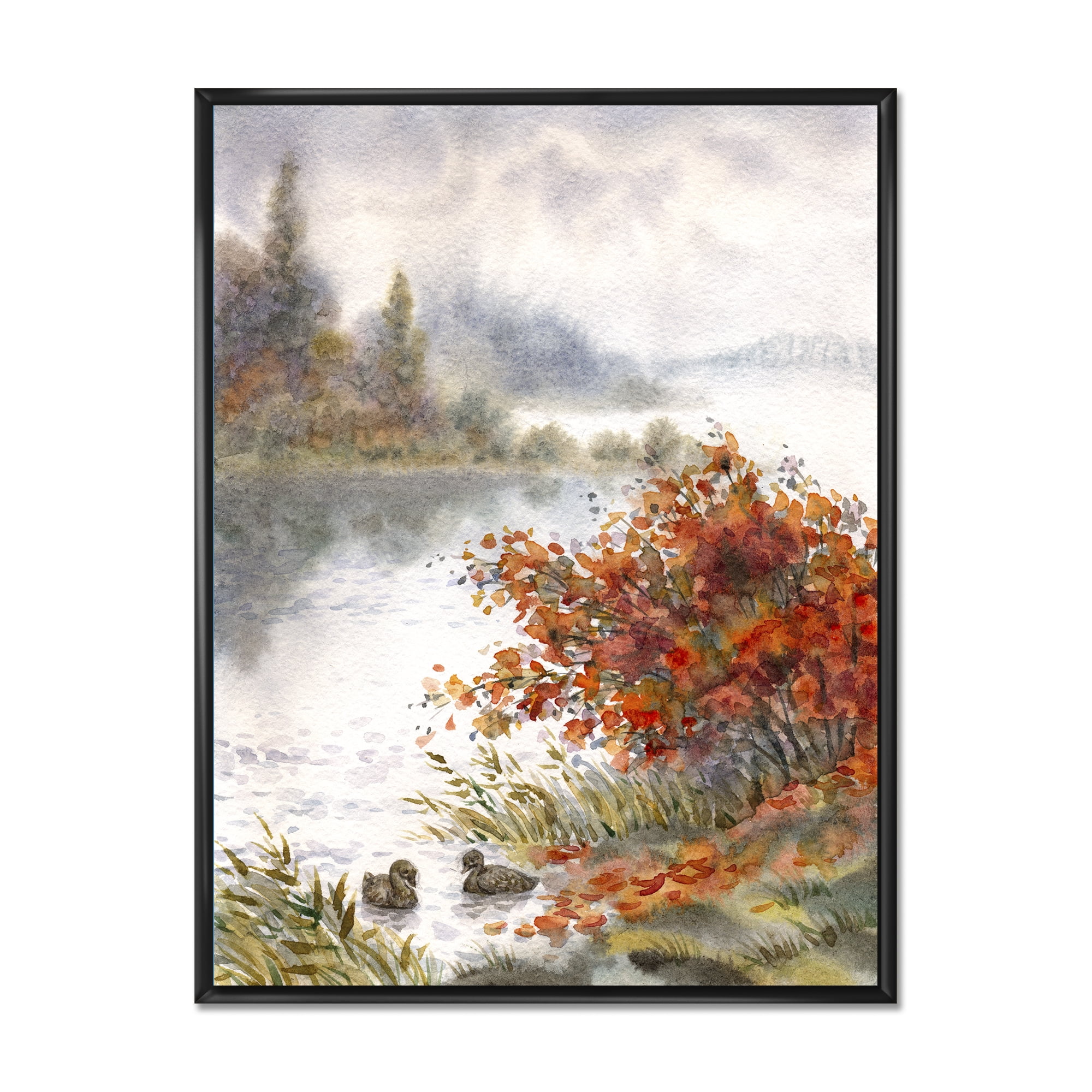 Designart 'View Of The Lake In Autumn Colored' Traditional Framed Canvas Wall Art Print