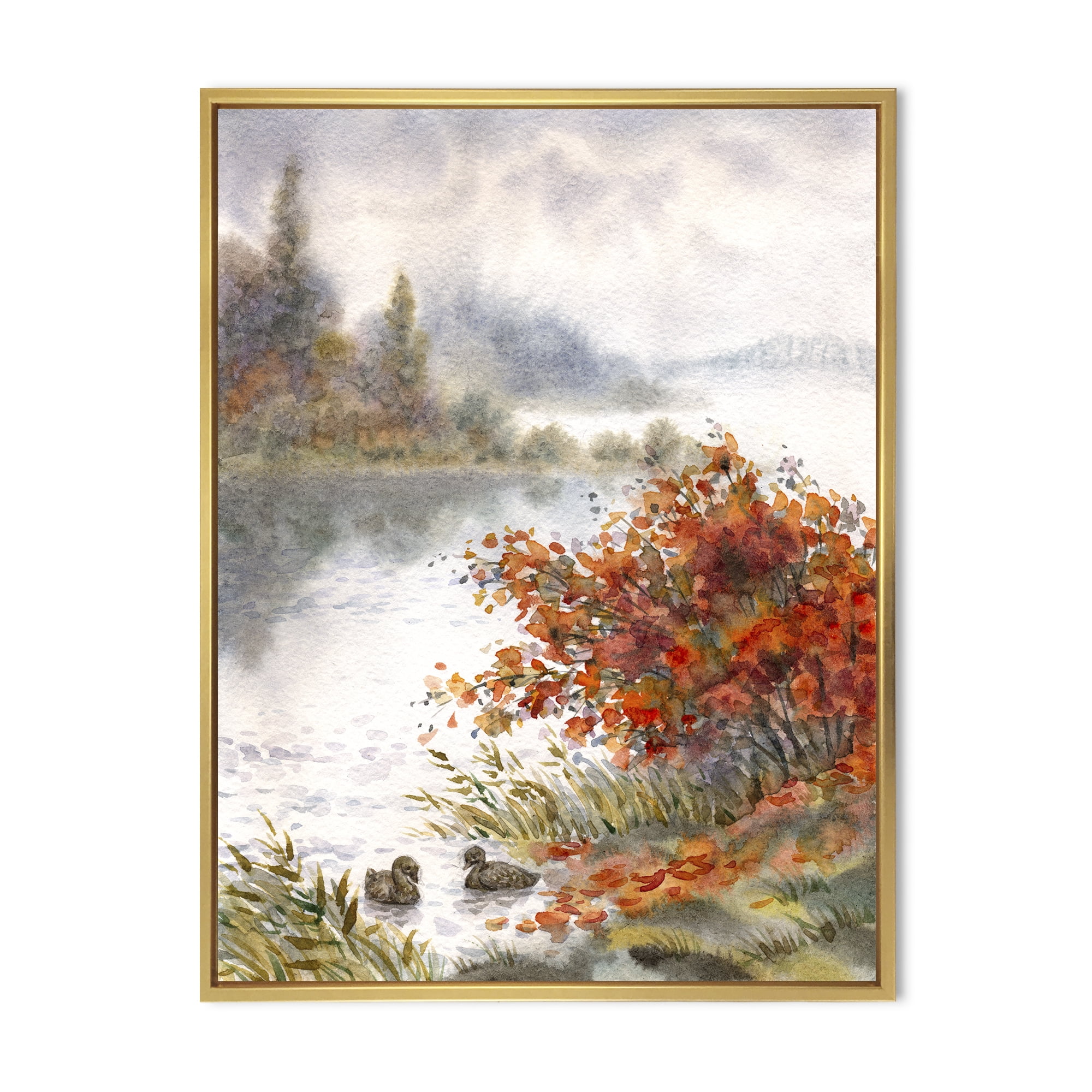 Designart 'View Of The Lake In Autumn Colored' Traditional Framed Canvas Wall Art Print