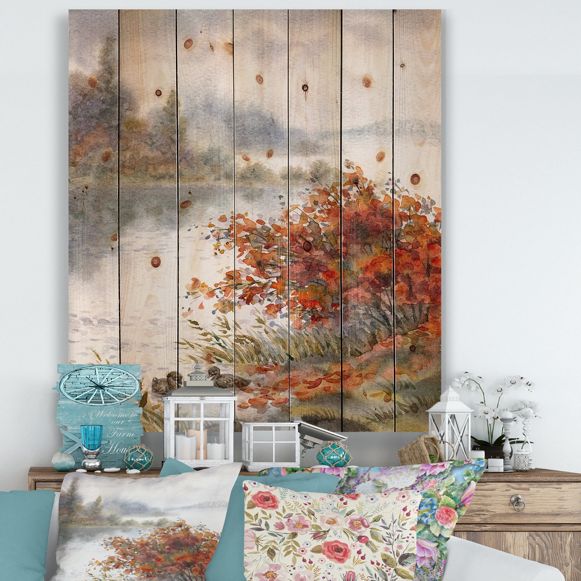 Designart 'View Of The Lake In Autumn Colored' Traditional Print on Natural Pine Wood