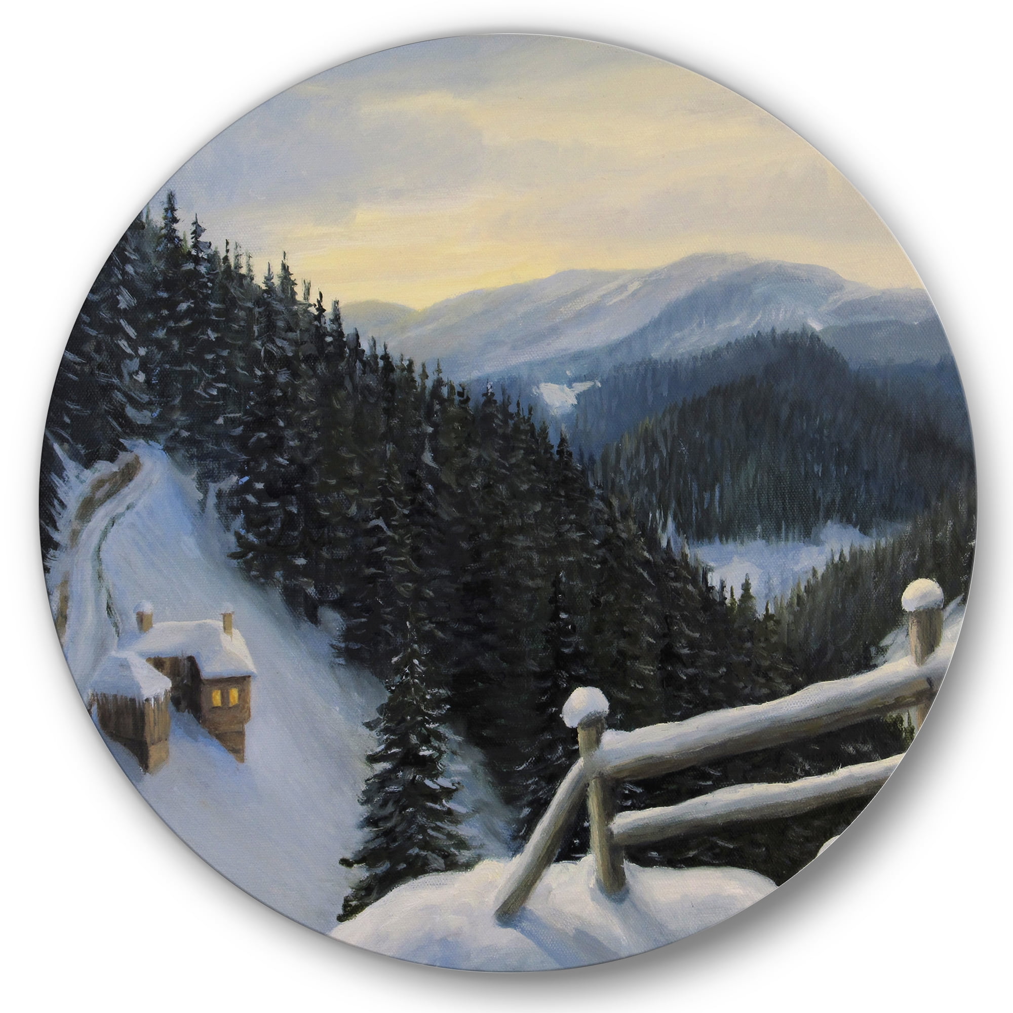 Designart 'View On Snowy Mountain Tops At Evening Glow' Traditional Circle Metal Wall Art 36x36 - Disc of 36