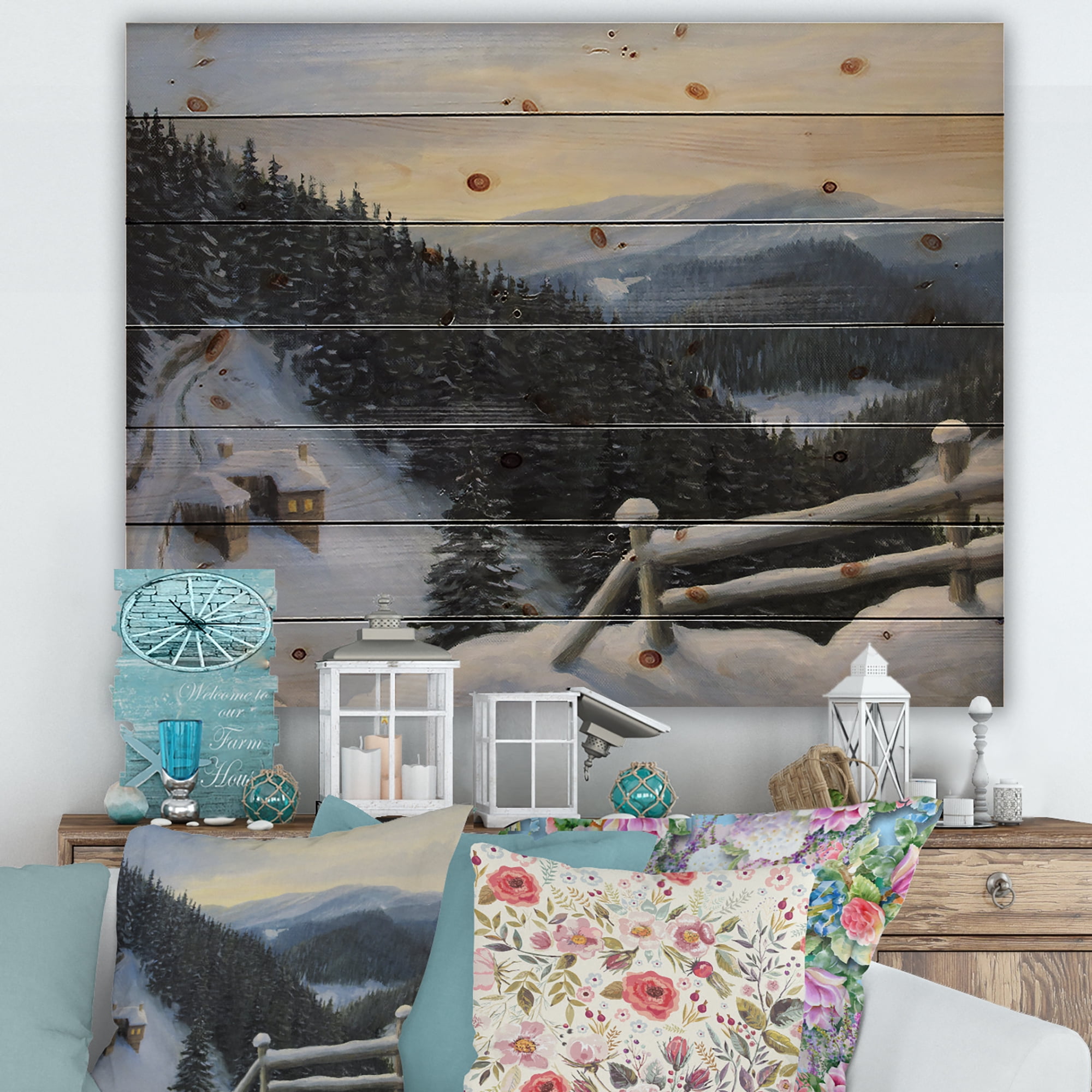 Designart 'View On Snowy Mountain Tops At Evening Glow' Traditional Print on Natural Pine Wood