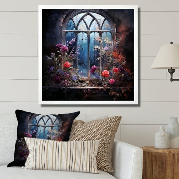 Designart "View of Floral Gothic Church Windows I" Floral Framed Wall Art Decor - Traditional Blue Window Hallway Framed Wall Art Decor