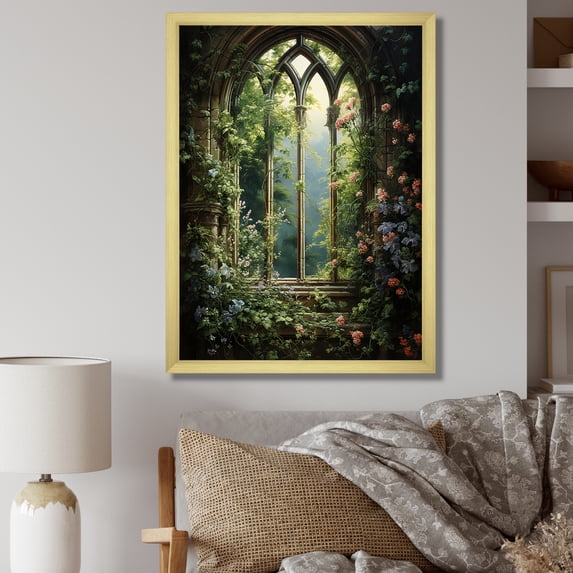 Designart "View of Floral Gothic Church Windows V" Floral Framed Wall Art - Traditional Green Window Entryway Framed Wall Art