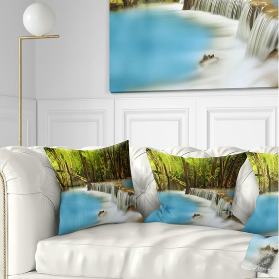 Designart View of Huai Mae Kamin Waterfall - Photography Throw Pillow - 18x18