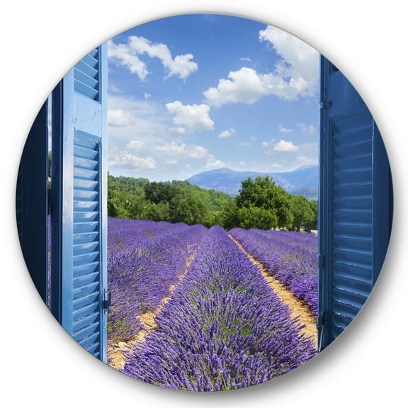 Designart 'View of Lavender Field Through Blue Open Cottage Window' Farmhouse Circle Metal Wall Art 36x36 - Disc of 36