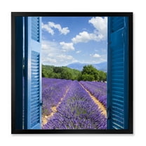 Designart 'View of Lavender Field Through Blue Open Cottage Window' Farmhouse Framed Art Print