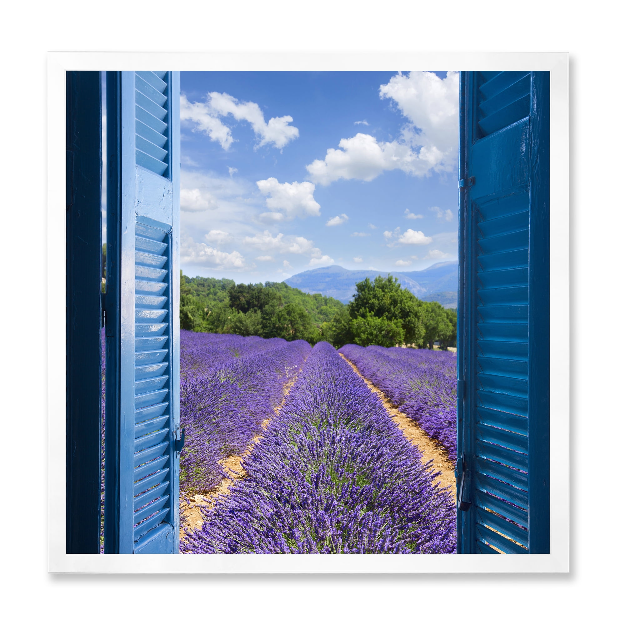 Designart 'View of Lavender Field Through Blue Open Cottage Window' Farmhouse Framed Art Print