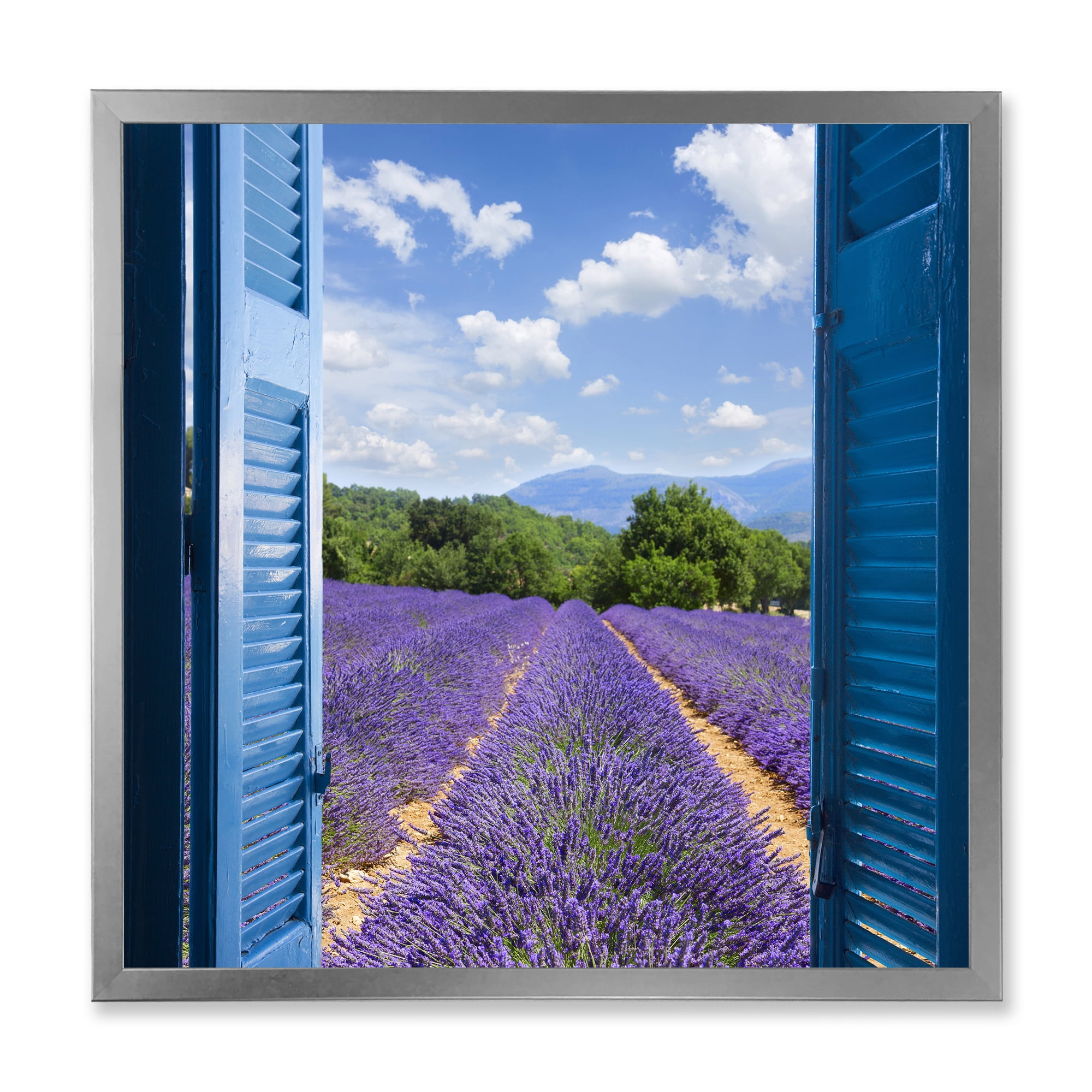 Designart 'View of Lavender Field Through Blue Open Cottage Window' Farmhouse Framed Art Print