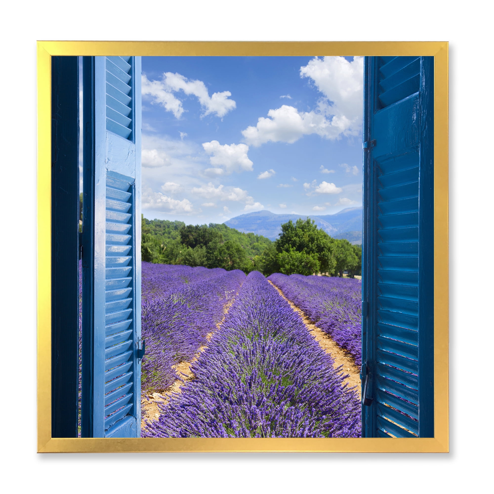 Designart 'View of Lavender Field Through Blue Open Cottage Window' Farmhouse Framed Art Print