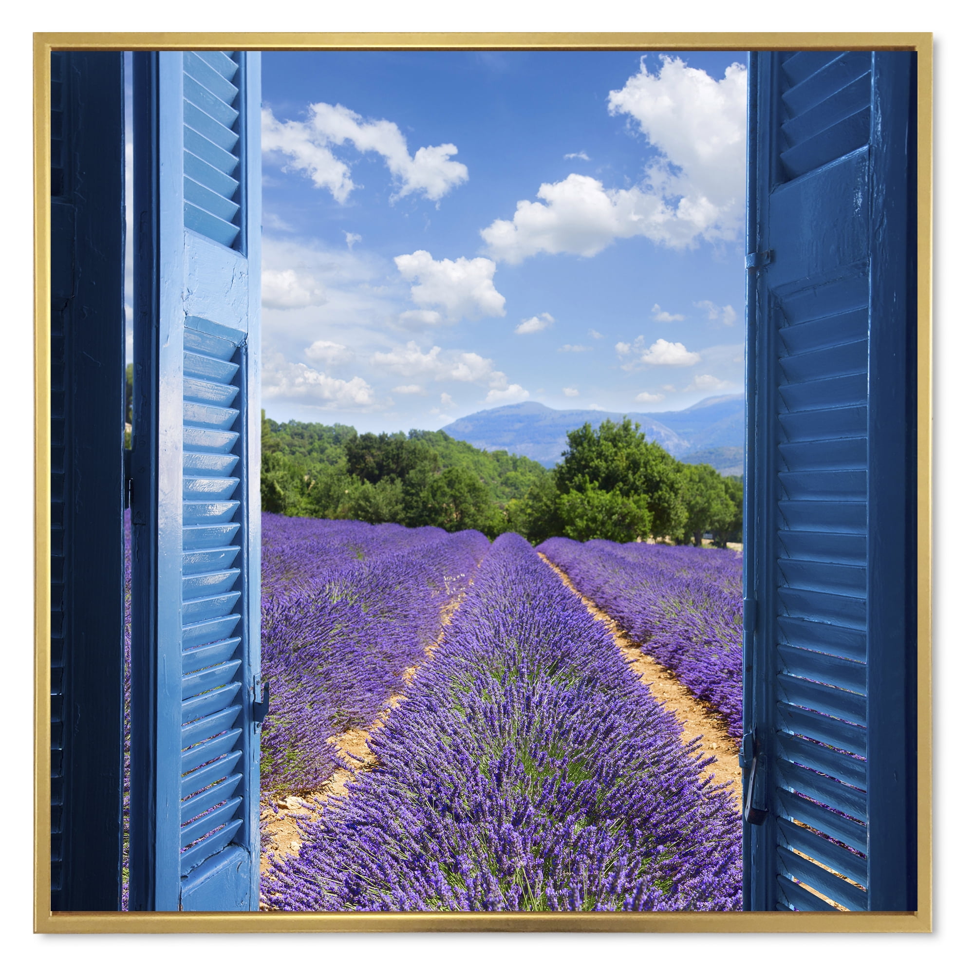 Designart 'View of Lavender Field Through Blue Open Cottage Window' Farmhouse Framed Canvas Wall Art Print