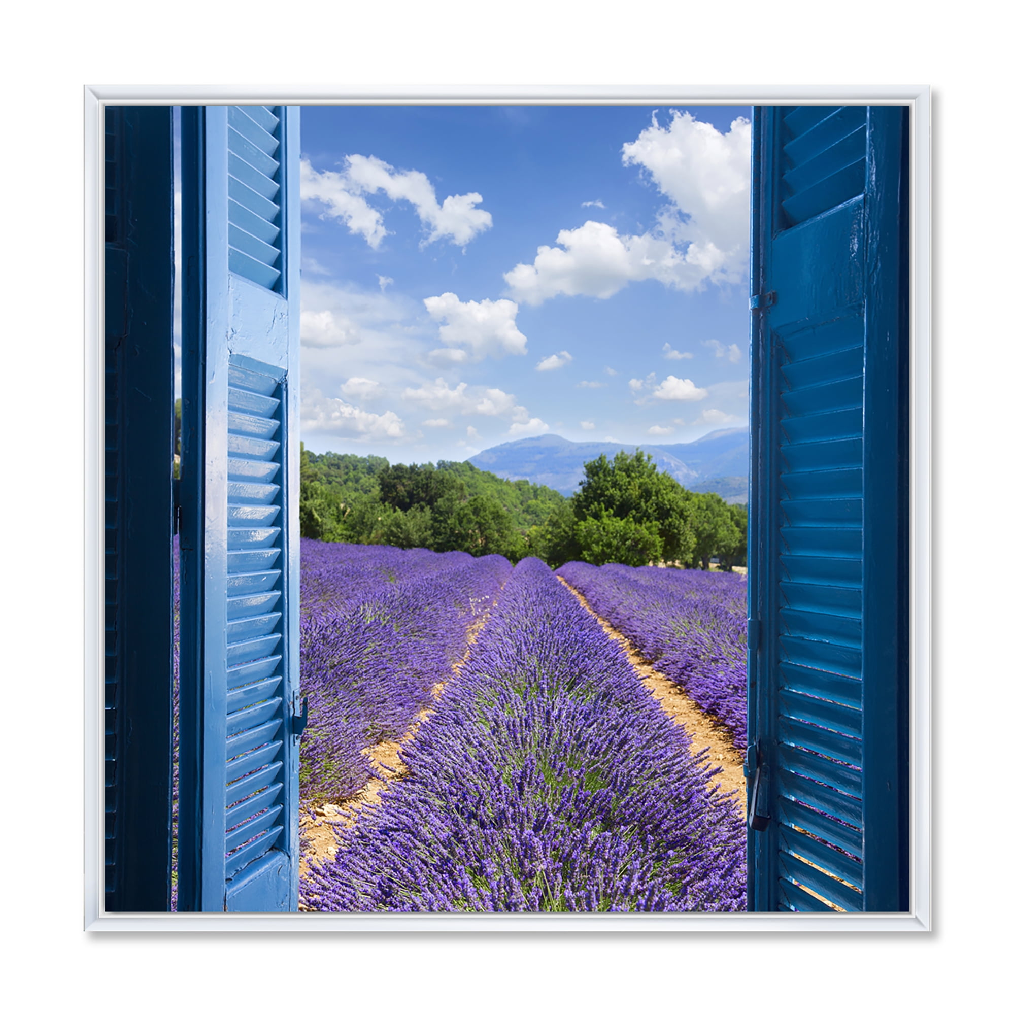 Designart 'View of Lavender Field Through Blue Open Cottage Window' Farmhouse Framed Canvas Wall Art Print