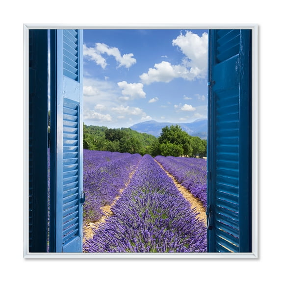 Designart 'View of Lavender Field Through Blue Open Cottage Window' Farmhouse Framed Canvas Wall Art Print
