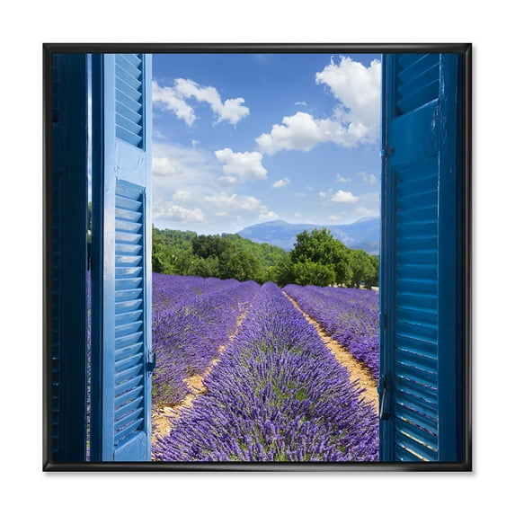 Designart 'View of Lavender Field Through Blue Open Cottage Window' Farmhouse Framed Canvas Wall Art Print