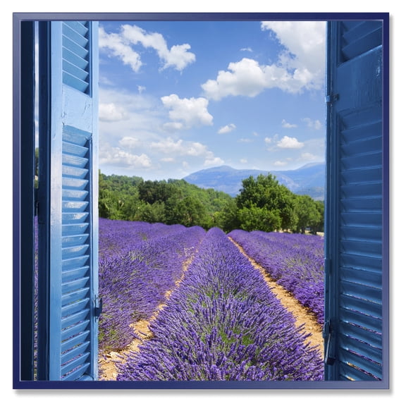 Designart 'View of Lavender Field Through Blue Open Cottage Window' Farmhouse Framed Canvas Wall Art Print