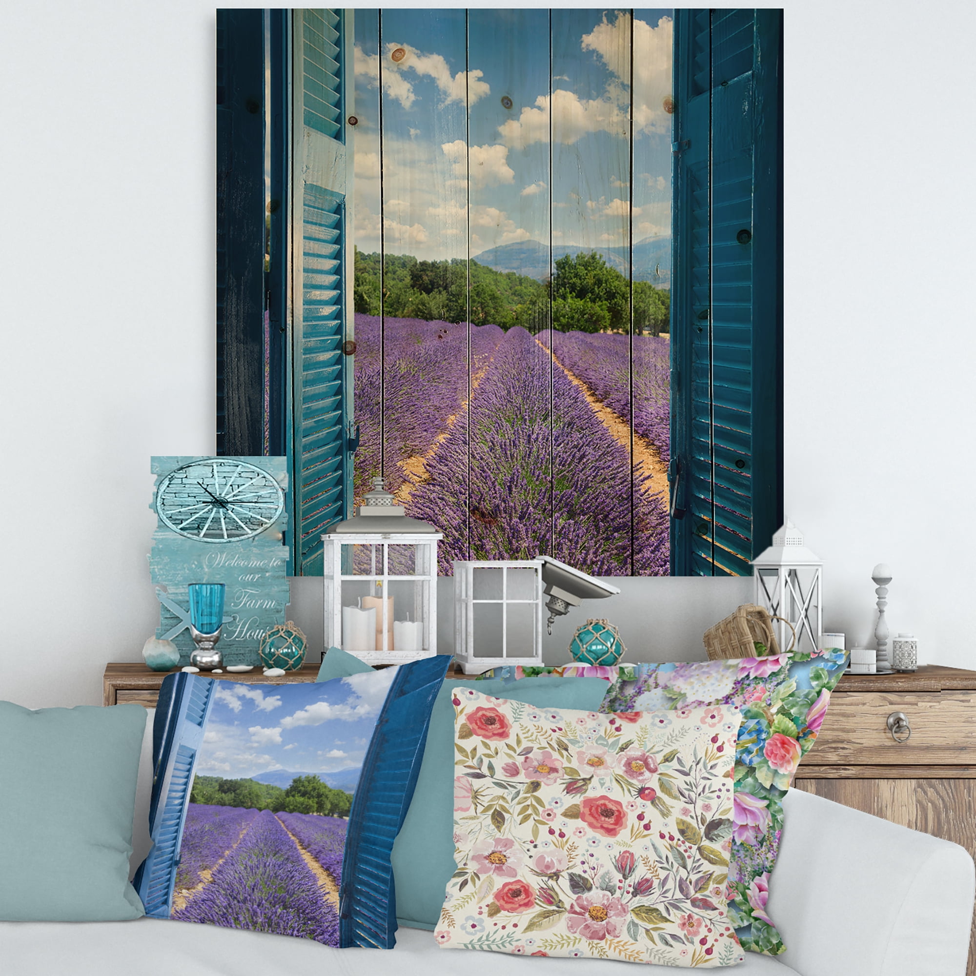 Designart 'View of Lavender Field Through Blue Open Cottage Window' Farmhouse Print on Natural Pine Wood