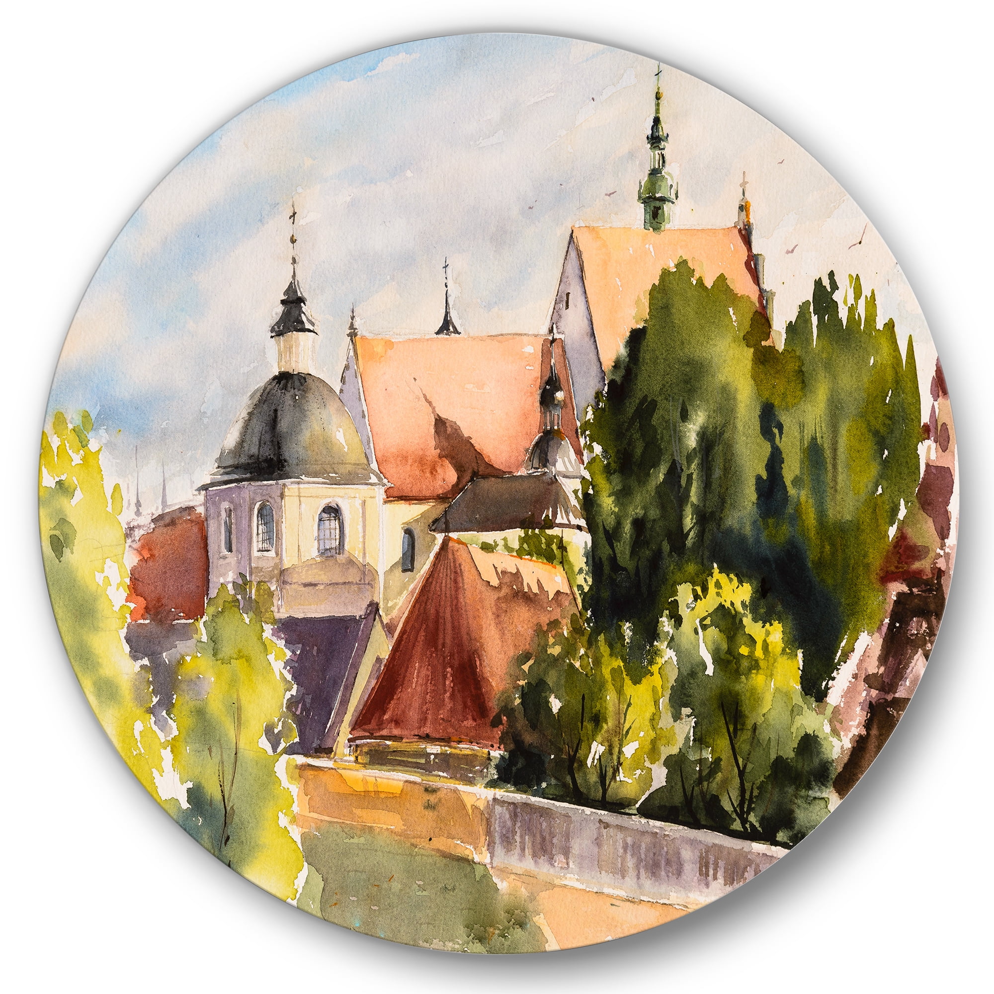 Designart 'View of Old Polish City Buildings In Nature' Traditional Circle Metal Wall Art 11x11 - Disc of 11