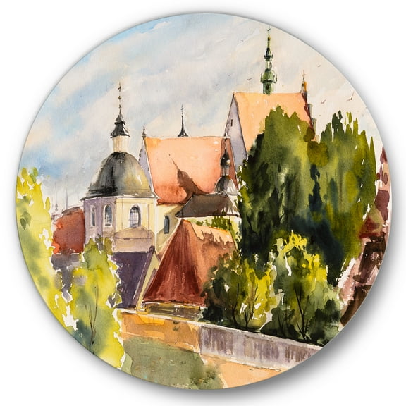 Designart 'View of Old Polish City Buildings In Nature' Traditional Circle Metal Wall Art 36x36 - Disc of 36
