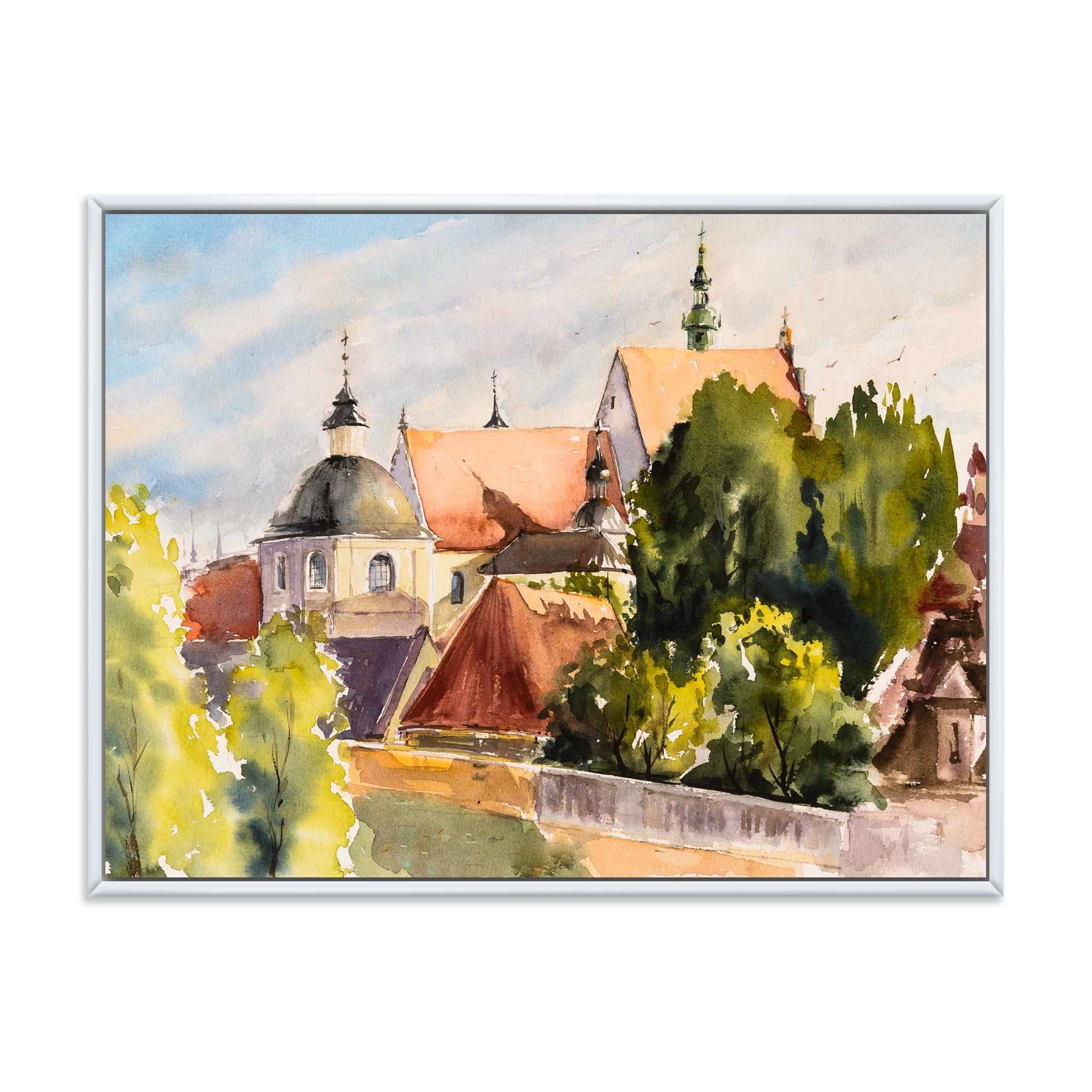 Designart 'View of Old Polish City Buildings In Nature' Traditional Framed Canvas Wall Art Print