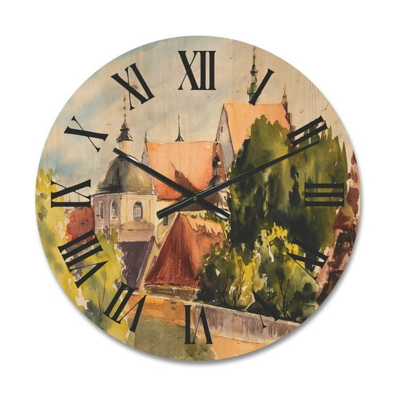 Designart 'View of Old Polish City Buildings In Nature' Traditional Wood Wall Clock