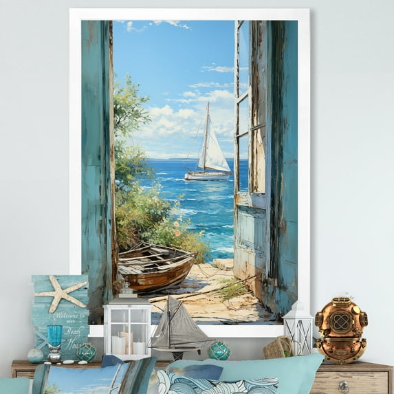 Designart "View through Ocean Windows on a Sailing Boat I" Coastal Framed Wall Art - Coastal Green Coastal Windows Living Room Framed Canvas Art
