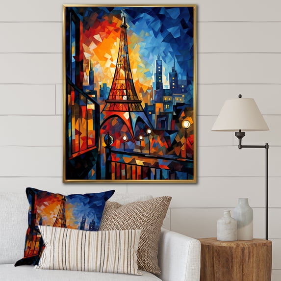 Designart "Views of Eiffel Tower at Sunset" Cityscapes Framed Wall Art - Industrial Orange Paris Living Room Framed Canvas Art