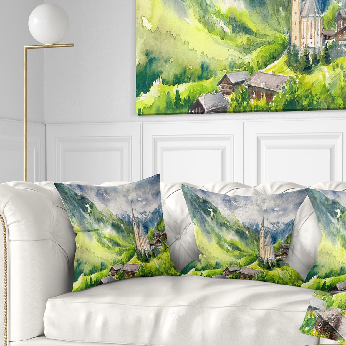 Designart Village Heiligenblut Watercolor - Landscape Painting Throw Pillow - 18x18