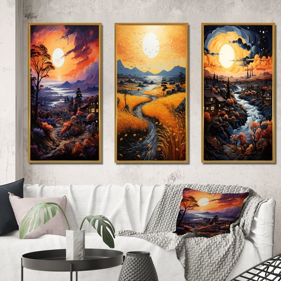 Designart "Village at Sunset A Van Gogh-Inspired Artwork II" Vangogh Framed Wall Art Set Of 3 - Yellow Vangogh Frame Gallery Set For Office Decor