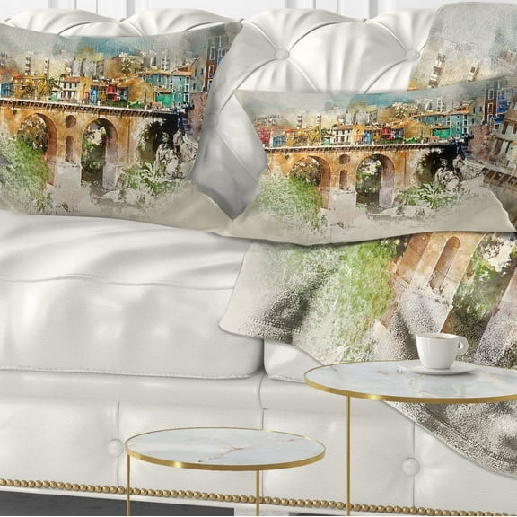 Designart Villajoyosa City Digital Art Bridge - Cityscape Throw Pillow - 12x20