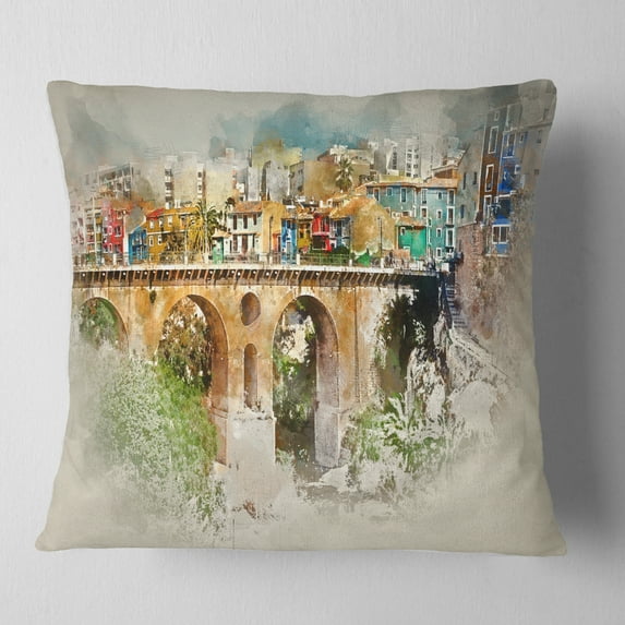 Designart Villajoyosa City Digital Art Bridge - Cityscape Throw Pillow - 16x16