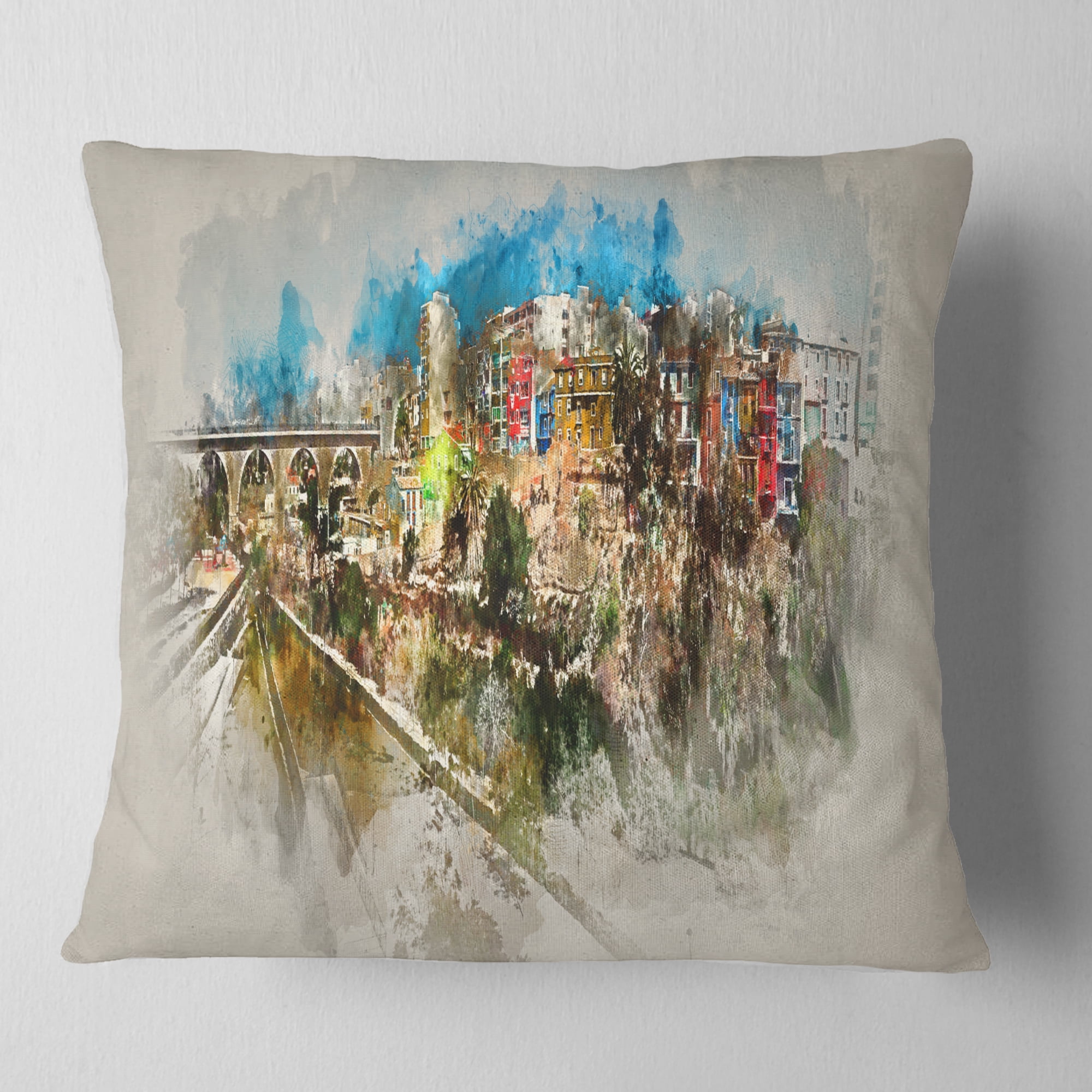 Designart Villajoyosa Town Watercolor - Cityscape Throw Pillow - 16x16