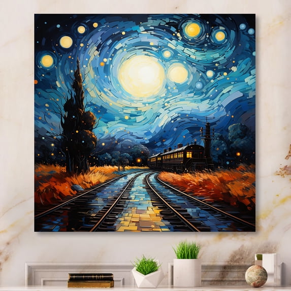 Designart "Vincent s Perspective Blue Train Rails I" Transportation Wall Art Living Room