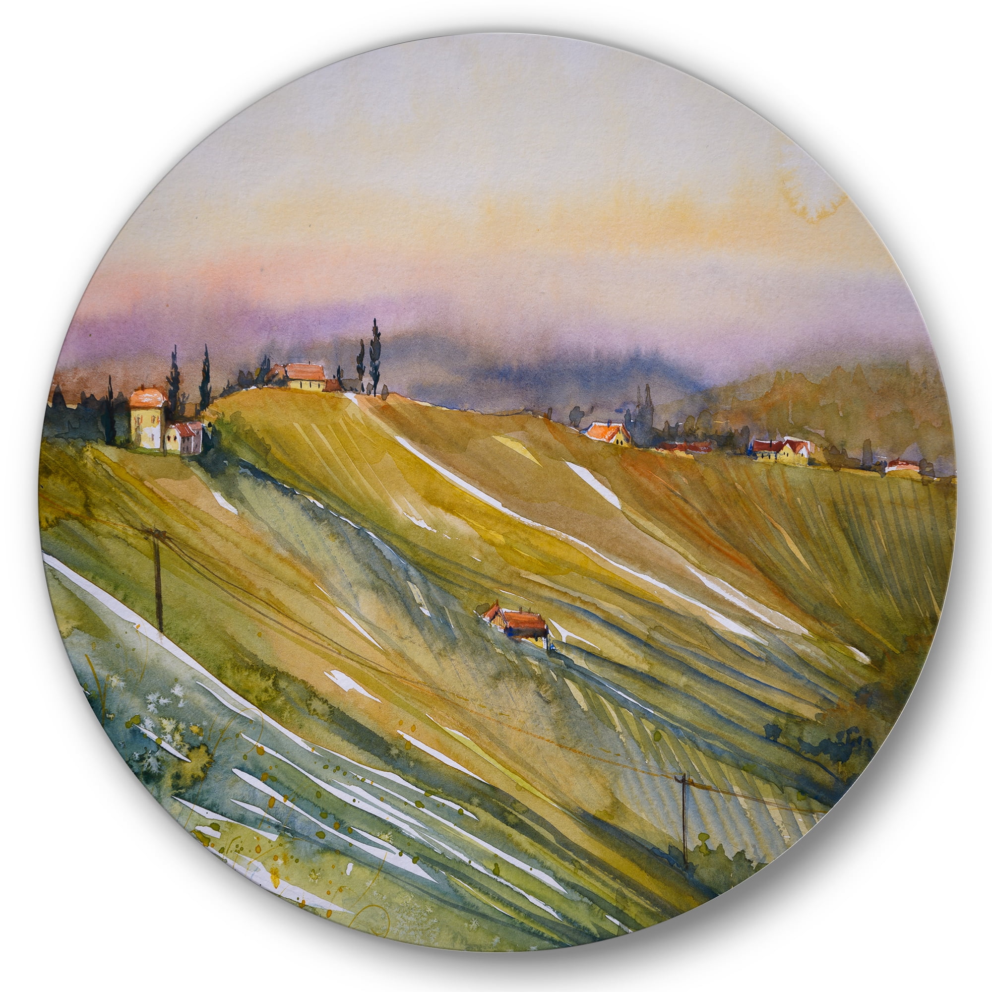 Designart 'Vineyard At Morning In Tuscany Italy' Country Circle Metal Wall Art 36x36 - Disc of 36