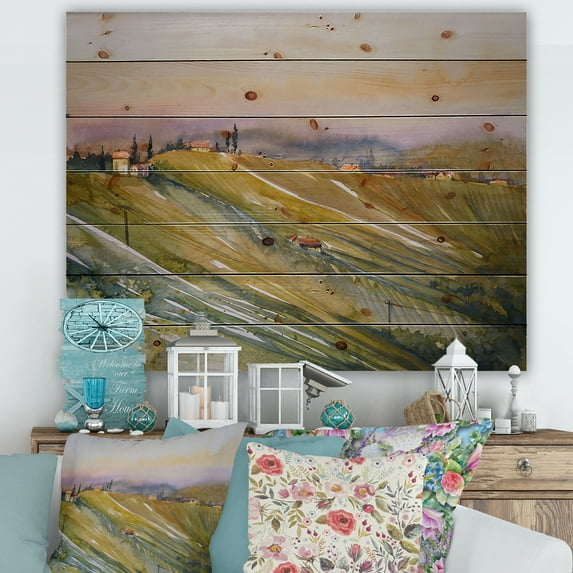 Designart 'Vineyard At Morning In Tuscany Italy' Country Print on Natural Pine Wood