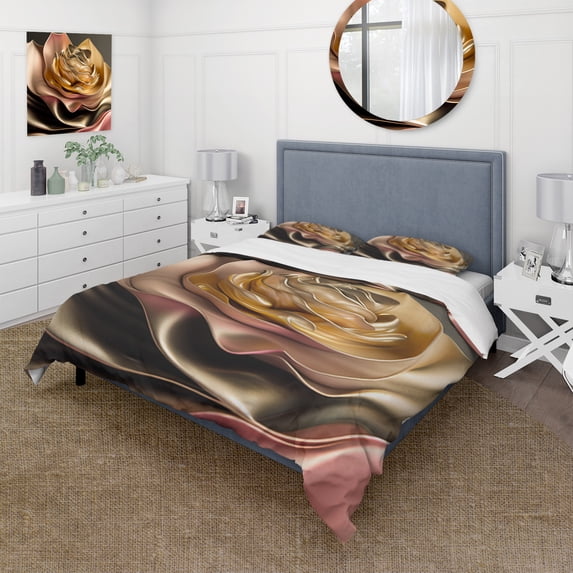 Designart "Vintage Abstraction Pink and Gold Floral III" Floral Bedding Covert Set - Traditional Pink Bed Set With 1 Shams