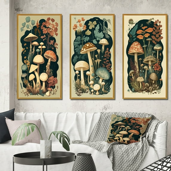 Designart "Vintage Amanita Muscaria Mushrooms I" Landscape Forest Framed Wall Art Set Of 3 - Cream Forest Frame Gallery Set For Office Decor