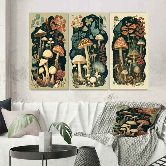 Designart "Vintage Amanita Muscaria Mushrooms I" Landscape Forest Wall Art Set Of 3 - Forest Cream Gallery Wall Set For Home Decor