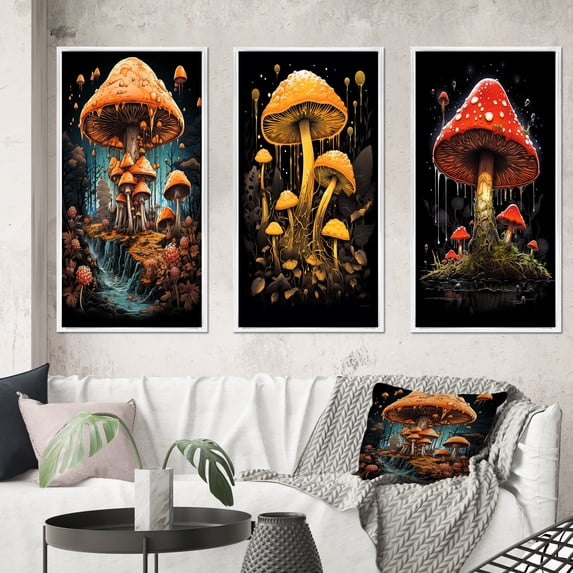 Designart "Vintage Amarita Magical Mushroom II" Abstract Landscape Framed Wall Art Set Of 3 - Gold Abstract Landscapes Frame Canvas Set For Living Room Decor