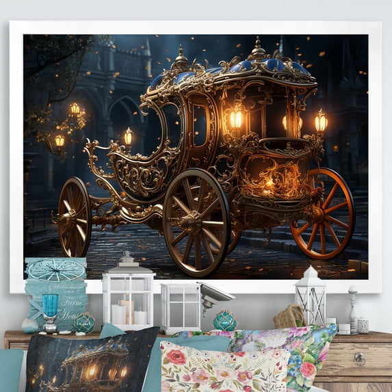 Designart "Vintage American Cart A Classic Ride I" Transportation Framed Wall Art Decor - Modern Gold Old American Cart Hallway Framed Wall Art Decor