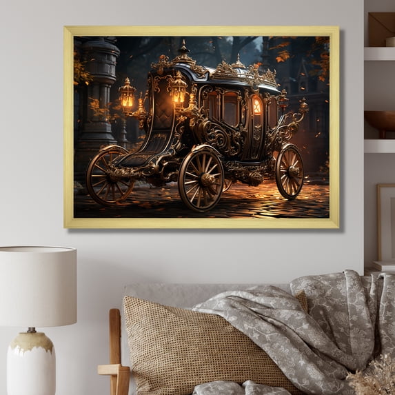 Designart "Vintage American Cart A Classic Ride II" Transportation Framed Wall Art Decor - Modern Gold Old American Cart Entryway Framed Wall Art