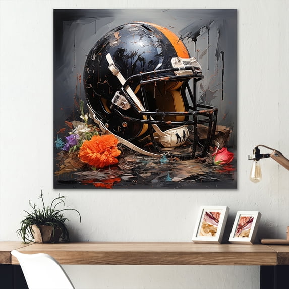 Designart "Vintage American Football Helmet in Black and Orange II" Sports Wall Art - Modern Black Sport Football Entryway Wall Art Print