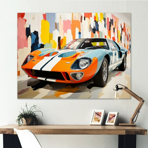 Designart "Vintage American GT Race Car in Orange" Architecture Wall Art - Modern Orange Race Tracks Hallway Wall Art Decor