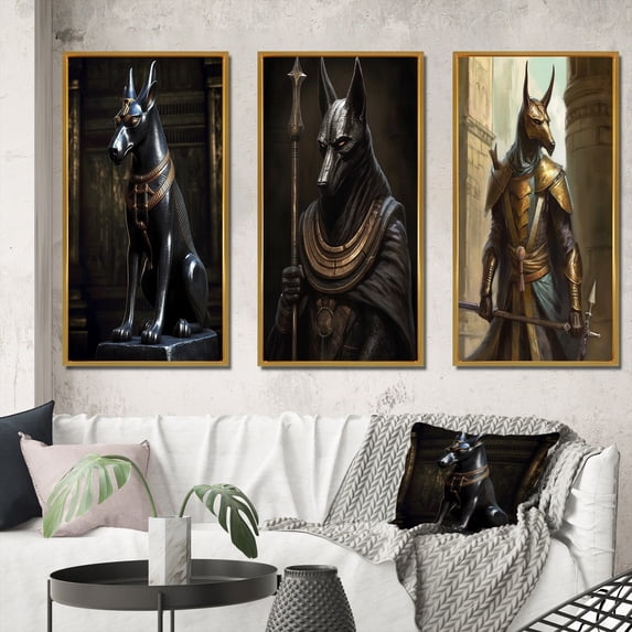 Designart "Vintage Anubis Ancient Egyptian Jackal God III" Egyptian Woman Framed Wall Art Set Of 3 - Gold Woman Egyptian Frame Gallery Wall Set For Home Decor