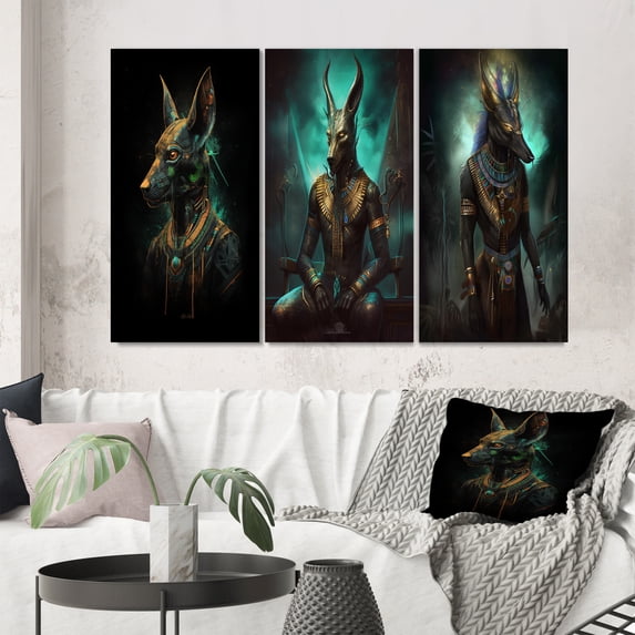 Designart "Vintage Anubis Revered Egyptian Deity VIII" Egyptian Woman Wall Art Set Of 3 - Woman Egyptian Gold Canvas Set For Living Room Decor