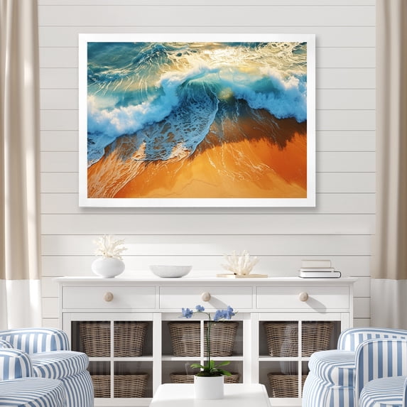 Designart "Vintage Appeal Blue and Orange Beach I" Coastal Framed Wall Art Decor - Coastal Blue Coastal Beach Hallway Framed Wall Art Decor