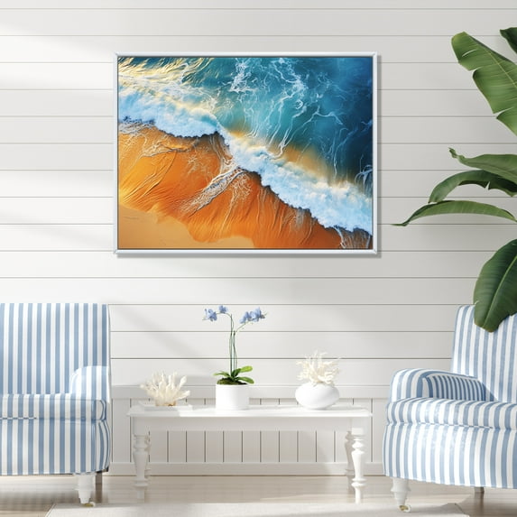 Designart "Vintage Appeal Blue and Orange Beach III" Coastal Framed Wall Art - Coastal Blue Coastal Beach Entryway Framed Wall Art