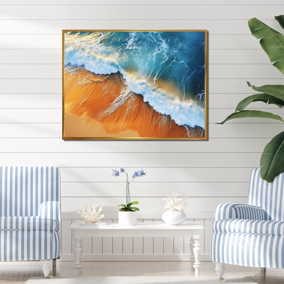Designart "Vintage Appeal Blue and Orange Beach III" Coastal Framed Wall Art - Coastal Blue Coastal Beach Entryway Framed Wall Art