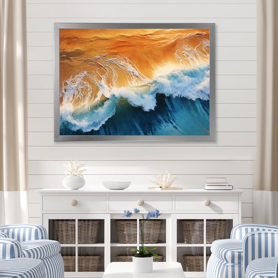 Designart "Vintage Appeal Blue and Orange Beach IV" Coastal Framed Wall Art Decor - Coastal Blue Coastal Beach Bedroom Framed Canvas Wall Art