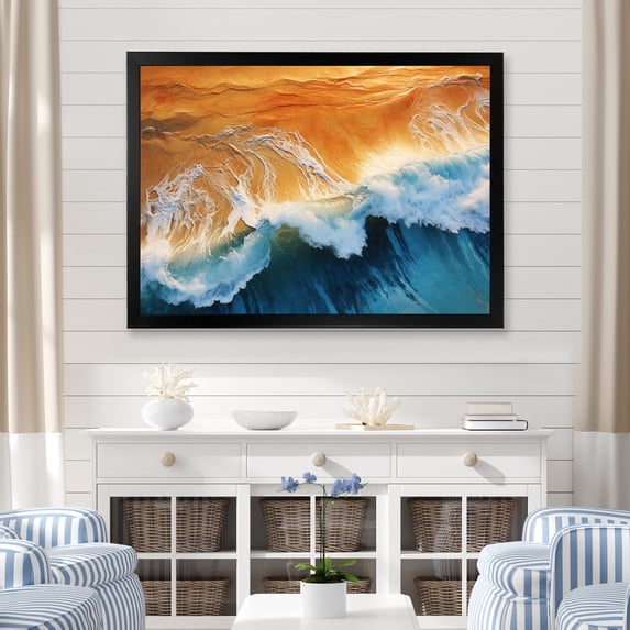 Designart "Vintage Appeal Blue and Orange Beach IV" Coastal Framed Wall Art Decor - Coastal Blue Coastal Beach Bedroom Framed Canvas Wall Art
