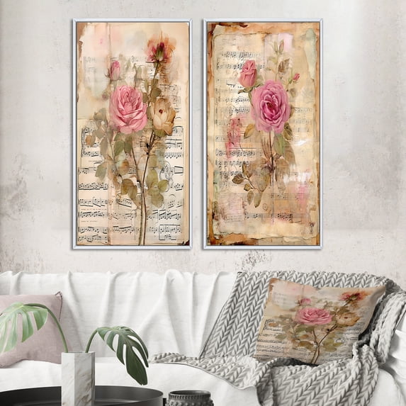 Designart "Vintage Art Pink Roses in Rustic Bouquet II" Rose Framed Wall Art Set Of 2 - Traditional Pink Framed Wall Art Set Of 2